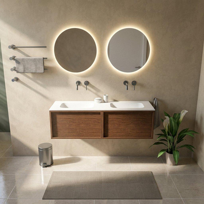 Saniclass Holz Frame Ensemble de meubles de salle de bains - 140x45x41.5cm - Flow lavabo en solid surface blanc - 2 vasques - sans trous de robinetterie - 2 tiroirs - noyer pure mat (bois)