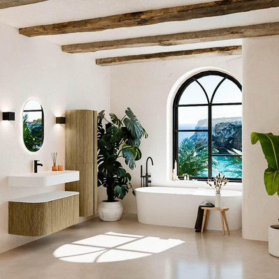 MONDIAZ THOR 100cm meuble de salle de bains arrondi gauche + droite couleur Dusk avec 1 tiroir et 2 portes. Vasque suspendue CLOUD Milieu 1 trou de robinet couleur Talc.