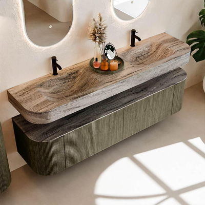 MONDIAZ THOR-DLUX 180cm meuble de salle de bains arrondi gauche + droite couleur Shadow avec 2 tiroirs et 2 portes. Vasque suspendue CLOUD Double 2 trous de robinet couleur Oza.