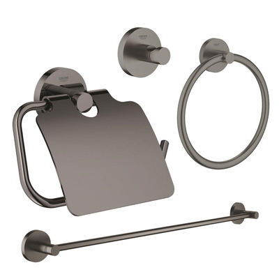 GROHE Essentials ensemble d'accessoires 4 pièces avec anneau porte-serviette, porte-serviettes, patère et porte-rouleau de papier toilette avec couvercle graphite brossé