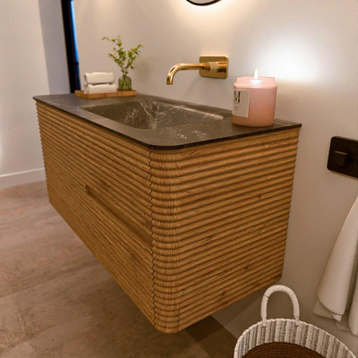 Mondiaz CIRO-DLUX Badkamermeubelset - 110x45x50cm - Solid surface wastafel Lava - 1 wasbak Rechts - zonder kraangaten - 2 lades - Oak