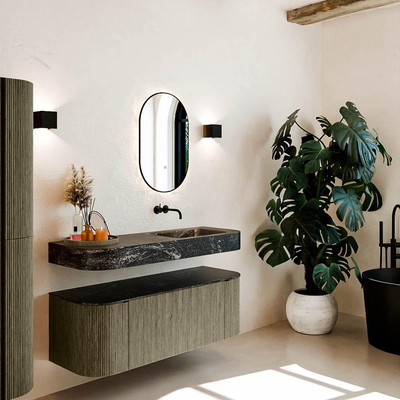 MONDIAZ THOR-DLUX 130cm meuble de salle de bains arrondi gauche + droite couleur Shadow avec 1 tiroir et 2 portes. Vasque suspendue CLOUD Droite sans trou de robinet couleur Lava.