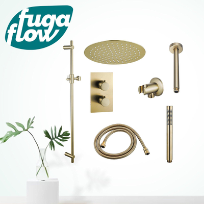 FugaFlow Eccelente Sobrado Ensemble de douche pluie encastrable - thermostatique - bras plafond - barre curseur - pommeau 25cm - douchette stick - Laiton brossé (doré)