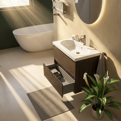 Saniclass Holz Pure Ensemble de meubles de salle de bains - 80x45x63.5cm - Lavabo en céramique Palermo blanc - 1 vasque - 1 trou de robinetterie - 2 tiroirs - chêne charcoal mat (bois)