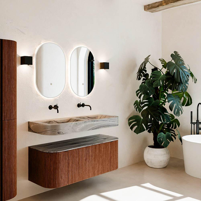 MONDIAZ THOR-DLUX 120cm meuble de salle de bains arrondi gauche + droite couleur Ruby avec 1 tiroir et 2 portes. Vasque suspendue CLOUD Double sans trou de robinet couleur Sombra.