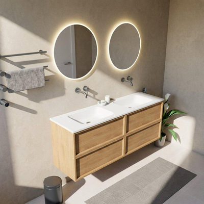 Saniclass Holz Frame Ensemble meuble de salle de bains - 160x45x77.5cm - vasque Torino en solid surface blanche - sans trou de robinetterie - 4 tiroirs - chêne natural mat (bois)