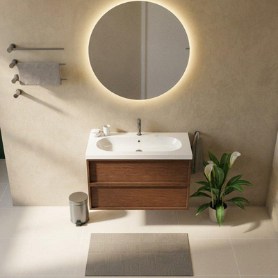 Saniclass Holz Frame Ensemble meuble de salle de bains - 100x45x63.5cm - lavabo en céramique Palermo blanc - 1 vasque - 1 trou de robinetterie - 2 tiroirs - mat walnut pure (bois)