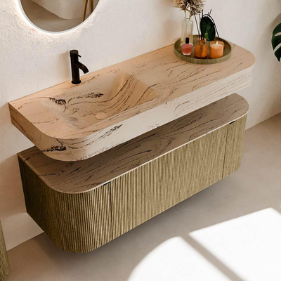 MONDIAZ THOR-DLUX 130cm meuble de salle de bains arrondi gauche + droite couleur Dusk avec 1 tiroir et 2 portes. Vasque suspendue CLOUD Gauche 1 trou de robinet couleur Arena.