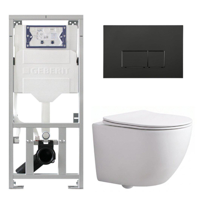 Pack WC QeramiQ Dely Swirl Compact - réservoir encastrable Geberit UP320 - avec bâti-support Burda - abattant slim - plaque de commande en métal noir mat - boutons rectangulaires - blanc mat