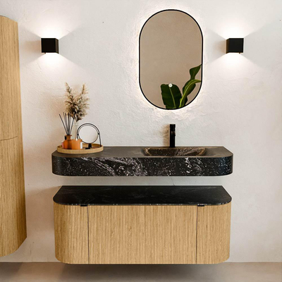 MONDIAZ THOR-DLUX 120cm badmeubel ronding links + rechts kleur Oak met 1 lade en 2 deuren. Vrijhangende wastafel CLOUD Rechts 1 kraangat kleur Lava.