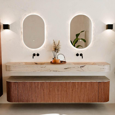 MONDIAZ THOR-DLUX 200cm meuble de salle de bains arrondi gauche + droite couleur Ruby avec 2 tiroirs et 2 portes. Vasque suspendue CLOUD Double sans trou de robinet couleur Arena.