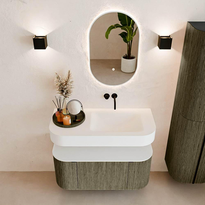 MONDIAZ THOR 100cm badmeubel ronding links + rechts kleur Shadow met 1 lade en 2 deuren. Vrijhangende wastafel CLOUD Rechts zonder kraangat kleur Talc.