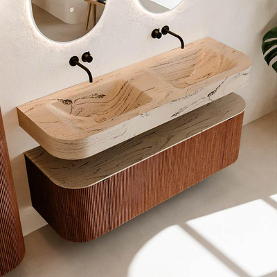 MONDIAZ THOR-DLUX Meuble de salle de bains 140cm arrondi gauche + droite couleur Ruby avec 1 tiroir et 2 portes. Vasque suspendue CLOUD Double sans trou de robinet couleur Arena.