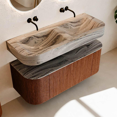 MONDIAZ THOR-DLUX 120cm meuble de salle de bains arrondi gauche + droite couleur Ruby avec 1 tiroir et 2 portes. Vasque suspendue CLOUD Double sans trou de robinet couleur Sombra.