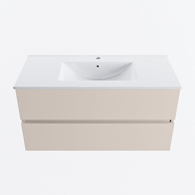 Mondiaz VICA Ensemble de meuble de salle de bain - 100cm - meuble sous-vasque lin - 2 tiroirs - lavabo denia milieu - 1 trou de robinet - version haute de 60cm - blanc brillant