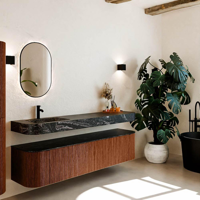 MONDIAZ THOR-DLUX Meuble de salle de bains 190cm arrondi gauche + droite couleur Ruby avec 2 tiroirs et 2 portes. Vasque suspendue CLOUD Gauche 1 trou de robinet couleur Lava.