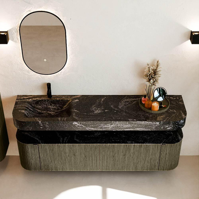 MONDIAZ THOR-DLUX 180cm meuble de salle de bains arrondi gauche + droite couleur Shadow avec 2 tiroirs et 2 portes. Vasque suspendue CLOUD Gauche 1 trou de robinet couleur Lava.