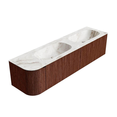 Mondiaz KURVE-DLUX Ensemble de meuble salle de bain - 175x46x40cm - 2 tiroirs - 1 porte - lavabo en solid surface - double / droite - sans trou de robinet - Ruby