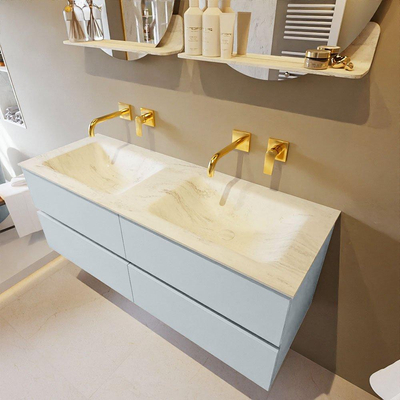 Mondiaz VICA-DLUX ensemble de meuble de salle de bain - 130cm - meuble sous-vasque argile - 4 tiroirs - lavabo encastré nuage double - sans trous de robinet - version haute de 60cm - opalo