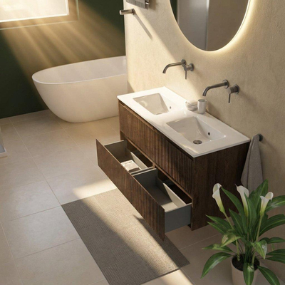 Saniclass Holz Atelier Ensemble de meubles de salle de bains - 120x45x62cm - Vygo lavabo en céramique blanc - 2 vasques - sans trous de robinetterie - 2 tiroirs - chêne charcoal mat (bois)