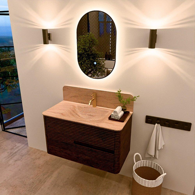 Mondiaz CIRO-DLUX Badkamermeubelset - 90x45x50cm - Solid surface wastafel Saba - 1 wasbak Midden - 1 kraangat - 2 lades - Walnut