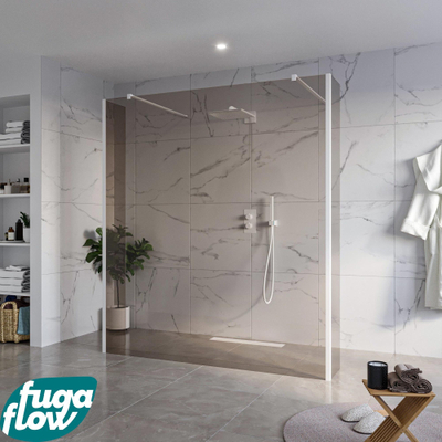 FugaFlow Eccelente Vetro Vrijstaande inloopdouche badkamer - 180x200cm - Rookglas - antikalk - 8mm veiligheidsglas - 2 zijwanden 30cm - met wandarmen en hoekprofielen - Wit mat -