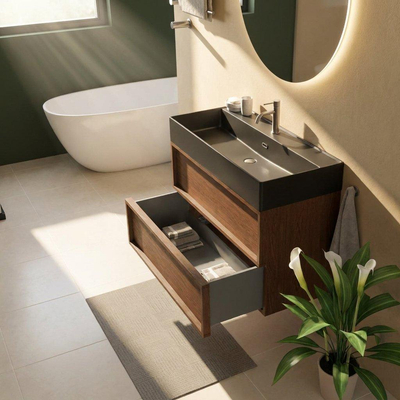 Saniclass Holz Frame Ensemble meuble de salle de bains - 100x45x72cm - Legend lavabo en céramique noir mat - 1 vasque - 1 trou de robinet - 2 tiroirs - walnut pure mat (bois)