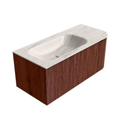 MONDIAZ KURVE-DLUX Meuble de salle de bains 105cm arrondi à droite couleur Ruby avec 1 tiroir et 1 porte. Lavabo BIG SMALL gauche sans trou de robinet Meli.