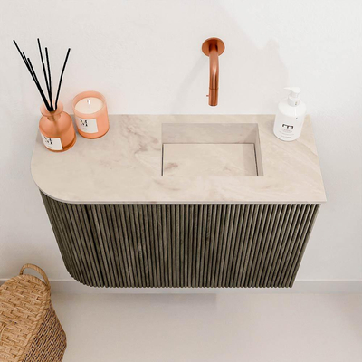 Mondiaz JOYA-DLUX Meuble de toilette 61,6cm - arrondi gauche couleur Shadow - Vasque FAYE position Droite Sans trou de robinet couleur Frappe.