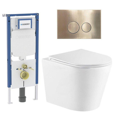 QeramiQ Dely Toiletset - 36.3x51.7cm - diepspoel - rimless - Geberit UP720 inbouwreservoir - softclose toiletzitting - geborsteld messing bedieningsplaat - ronde knoppen - wit glans