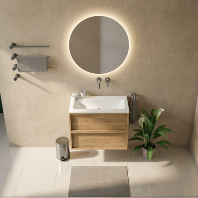 Saniclass Holz Frame Ensemble meuble de salle de bains - 80x45x77.5cm - lavabo Torino en solid surface blanc - sans trou de robinet - 2 tiroirs - chêne natural mat (bois)