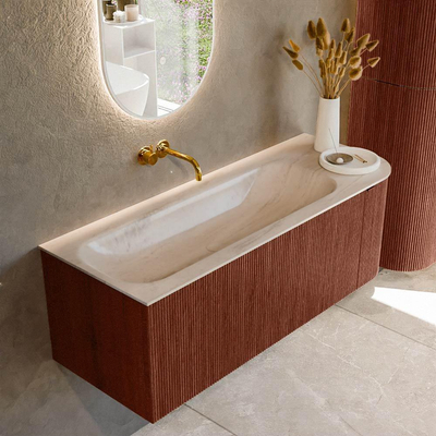 MONDIAZ KURVE-DLUX Meuble de salle de bains 125cm arrondi à droite couleur Ruby avec 1 tiroir et 1 porte. Lavabo BIG MEDIUM à gauche sans trou de robinet Meli.