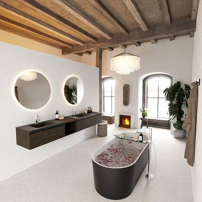 MONDIAZ BUKLA 240cm ensemble de meuble avec module ouvert 40 gauche couleur Marron Foncé avec 3 tiroirs. Lavabo CLOUD double 2 trous de robinet couleur Urban.