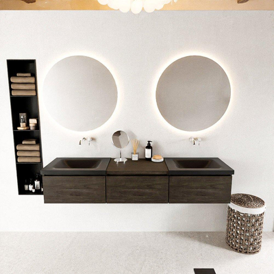 MONDIAZ BUKLA meuble de salle de bain 180 cm avec module 60 couleur Marron Foncé avec 3 tiroirs. Lavabo CLOUD double 0 trou de robinet couleur Urban.