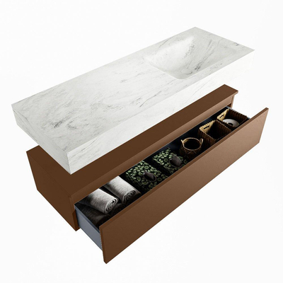 Mondiaz ALAN-DLUX Ensemble de meuble - 130cm - meuble Rust mat - 1 tiroir - Lavabo Cloud Opalo suspendu - vasque Droite - 1 trou de robinet