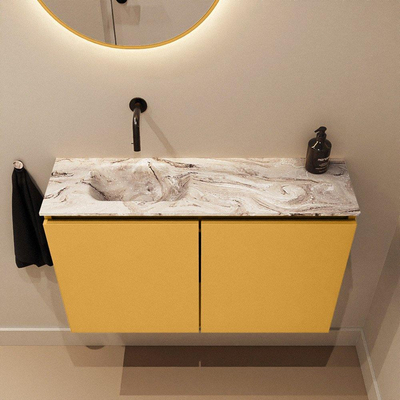 MONDIAZ TURE-DLUX meuble WC 80 cm Ocher. EDEN lavabo Glace position gauche. Sans trou de robinet.