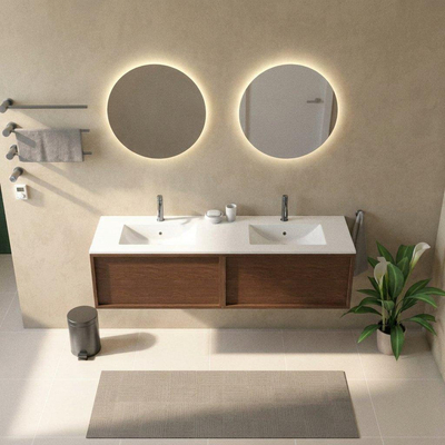 Saniclass Holz Frame Ensemble meuble de salle de bains - 160x45x42cm - Vygo lavabo en céramique blanc - 2 vasques - 2 trous de robinetterie - 2 tiroirs - mat walnut pure (bois)