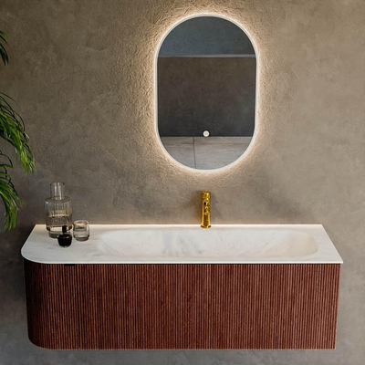 Mondiaz KURVE-DLUX Badkamermeubelset - 135x46x40cm - 1 lade - 1 deur - wastafel solid surface - rechts - 1 kraangat - Ruby