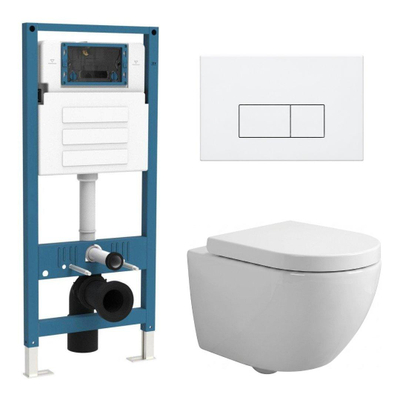 Ensemble WC compact QeramiQ Dely Swirl - réservoir encastré QeramiQ flush - abattant 25 mm - plaque de commande métallique blanc mat - boutons rectangulaires - blanc brillant