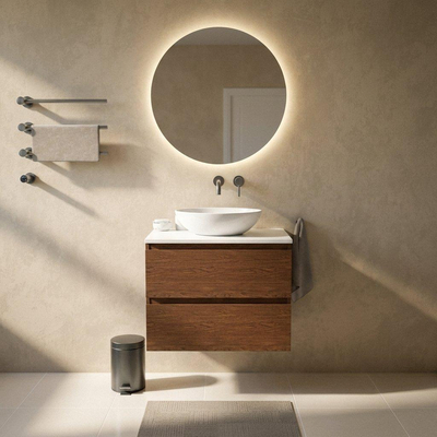 Saniclass Holz Pure Badkamermeubelset - 80x45x62.5cm - Torino solid surface topblad wit - zonder kraangat - 2 lades - mat walnut pure (hout)