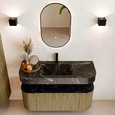 MONDIAZ THOR-DLUX 120cm meuble de salle de bains arrondi gauche + droite couleur Dusk avec 1 tiroir et 2 portes. Vasque suspendue CLOUD Milieu 1 trou de robinet couleur Lava.