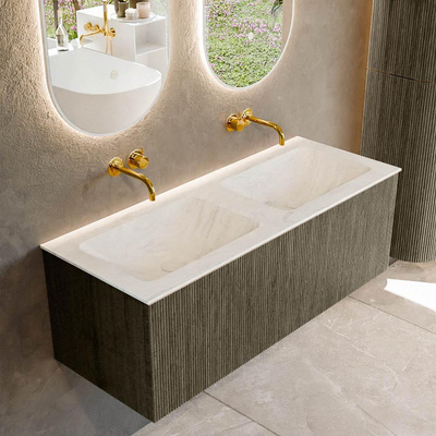 Ensemble de meuble de salle de bain Mondiaz KURVE-DLUX - 120x46x40cm - 1 tiroir - lavabo en solid surface - double - sans trou de robinet - Shadow