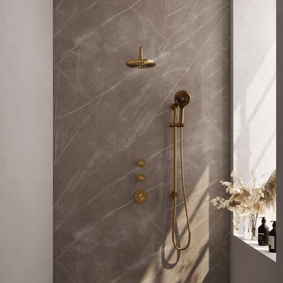 Brauer Gold Carving Colonne de douche thermostatique avec pommeau 20cm et bras mural courbé 40cm et douchette Rond 3 jet flexible lisse avec coude mural Or brossé PVD
