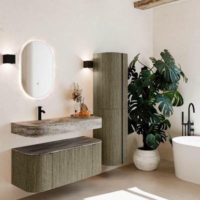 MONDIAZ THOR-DLUX Meuble de salle de bains - 110cm - arrondi gauche + droite - couleur Shadow - 1 tiroir - 2 portes - Vasque suspendue CLOUD Gauche 1 trou de robinet - couleur Oza