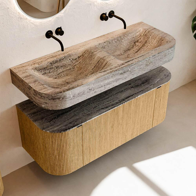 MONDIAZ THOR-DLUX 120cm badmeubel ronding links + rechts kleur Oak met 1 lade en 2 deuren. Vrijhangende wastafel CLOUD Dubbel zonder kraangat kleur Oza.