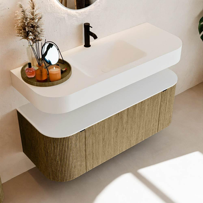 MONDIAZ THOR 120cm meuble de salle de bains arrondi gauche + droite couleur Dusk avec 1 tiroir et 2 portes. Vasque suspendue CLOUD Milieu 1 trou de robinet couleur Talc.