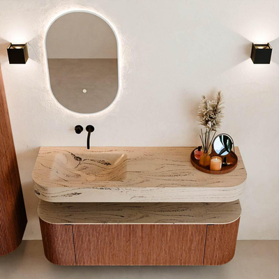 MONDIAZ THOR-DLUX 140cm meuble de salle de bains arrondi gauche + droite couleur Ruby avec 1 tiroir et 2 portes. Vasque suspendue CLOUD Gauche sans trou de robinet couleur Arena.