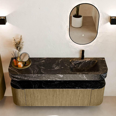 MONDIAZ THOR-DLUX Meuble de salle de bains - 160cm - arrondi gauche + droite - couleur Dusk - 1 tiroir et 2 portes - Vasque suspendue CLOUD droite 1 trou de robinet - couleur Lava