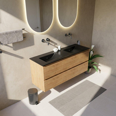 Saniclass Holz Pure Ensemble de meubles de salle de bains - 140x45x62cm - Vasque Vygo en céramique noire - 2 vasques - sans trous de robinet - 4 tiroirs - chêne natural mat (bois)