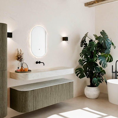 MONDIAZ THOR-DLUX 150cm meuble de salle de bains arrondi gauche + droite couleur Shadow avec 1 tiroir et 2 portes. Vasque suspendue CLOUD Milieu sans trou de robinet couleur Opalo.